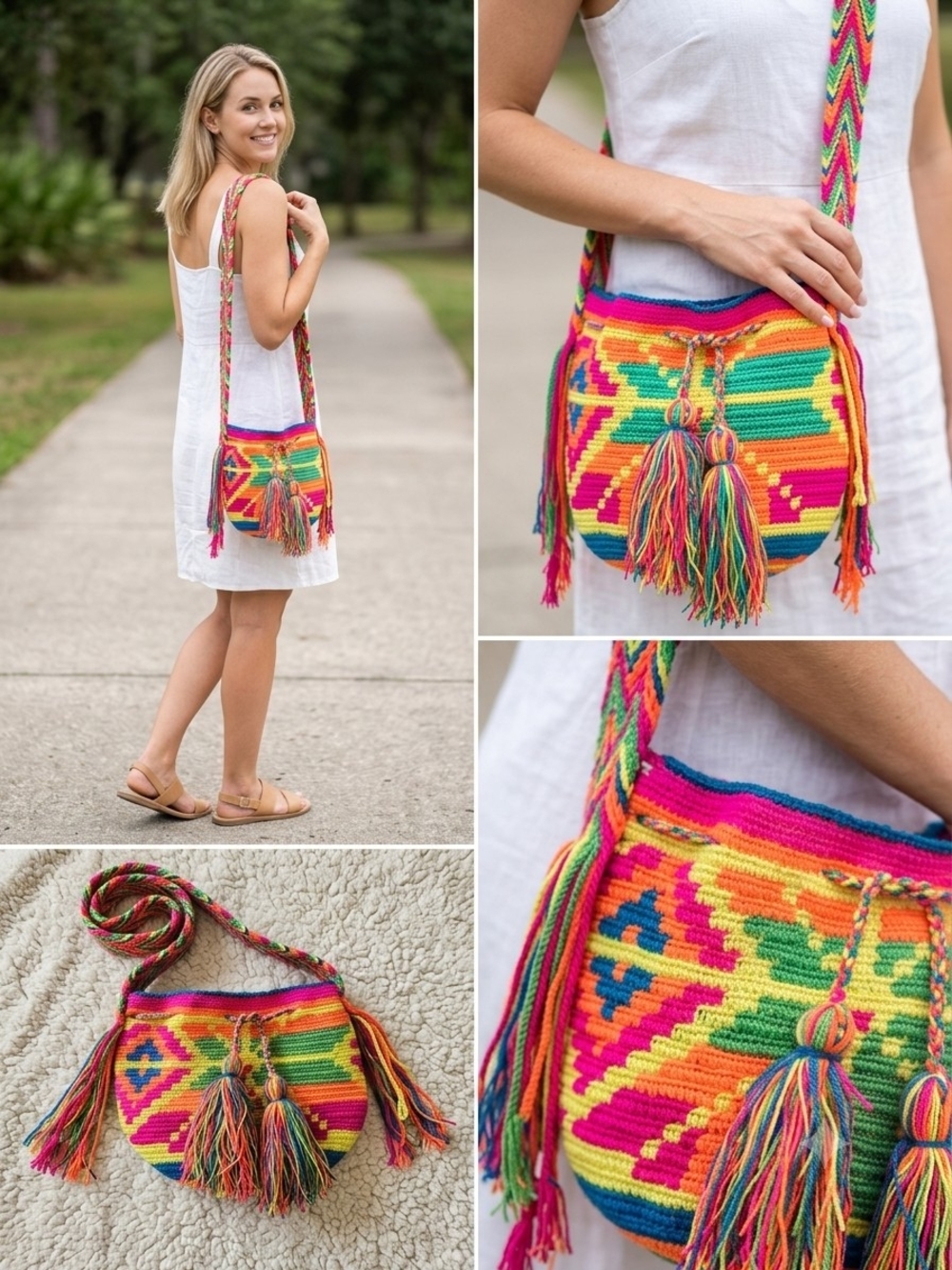 Handwoven Multicolor Tassel Crossbody Bag - Bright Pink & Multicolor EUC